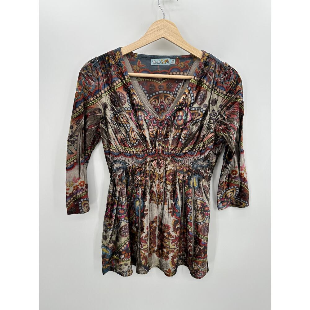 Unity Women Top Crushed Velvet Babydoll 3/4 Sleeve Size PM Y2K Artsy Dark Fairy